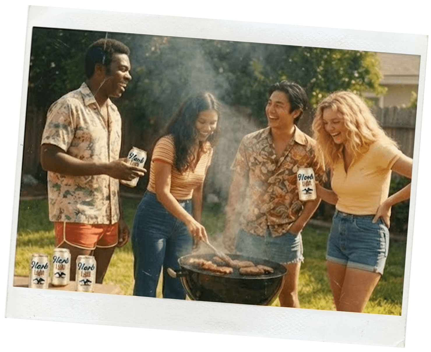 Polaroid of four people enjoying Herb Light while barbecuing outdoors